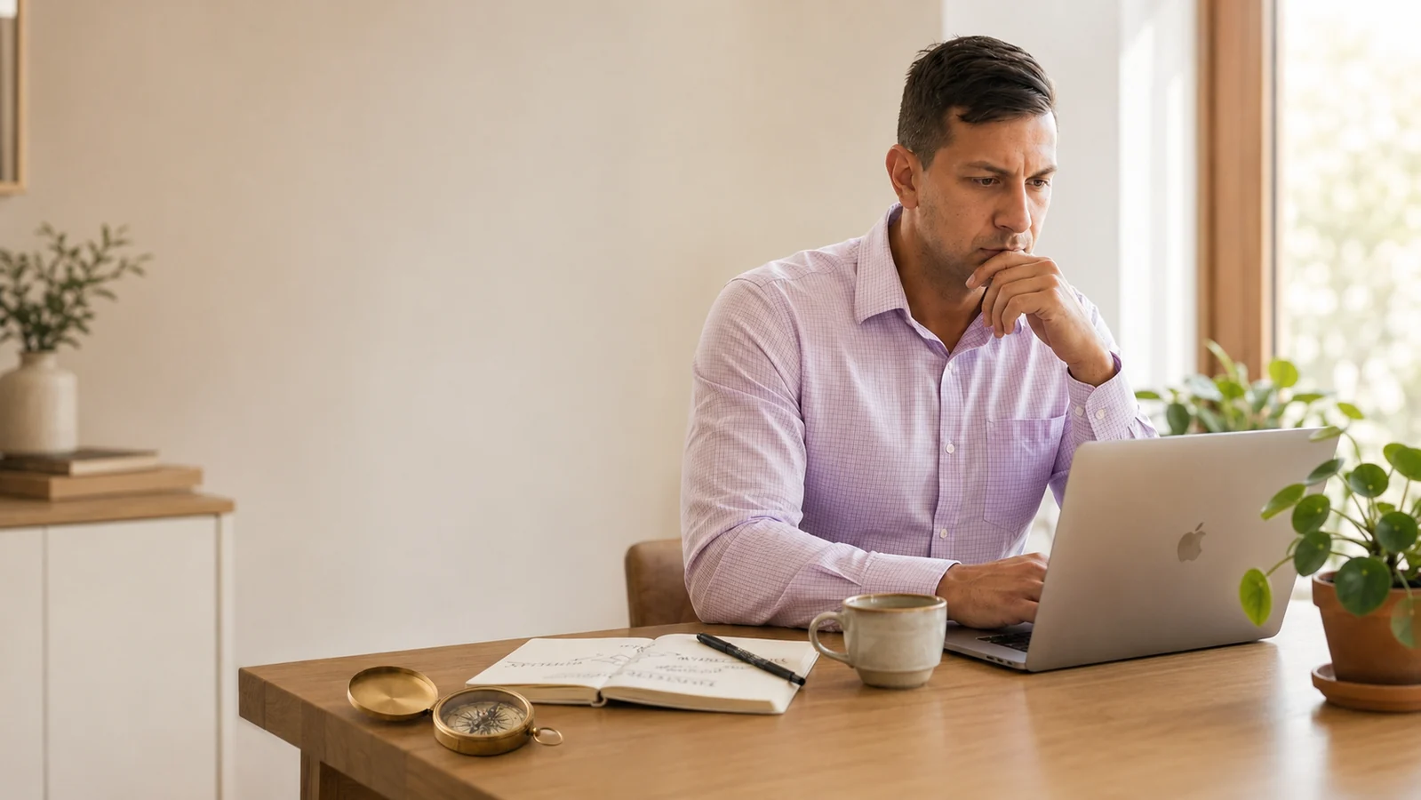 Andris nyugodt környezetben marketinganyagot készít laptopon